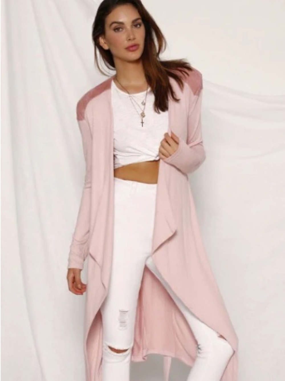 Light Blush Open-Front Longline Cardigan
